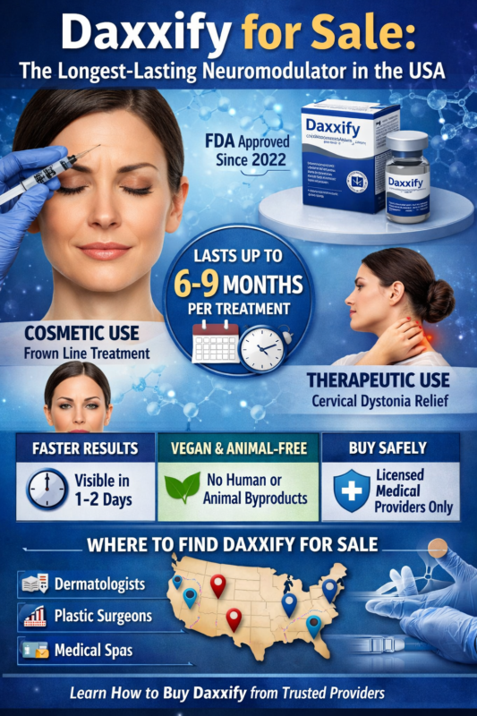 Daxxify for Sale Infographic: Infographic explaining the benefits and uses of Daxxify for sale, including FDA approval, cosmetic and therapeutic uses, longer-lasting results, vegan formulation, and where to safely purchase Daxxify.